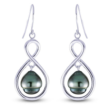 Sterling Silver Tahitian Pearl Drop Earrings w/ 8 -- 9 mm Pearls